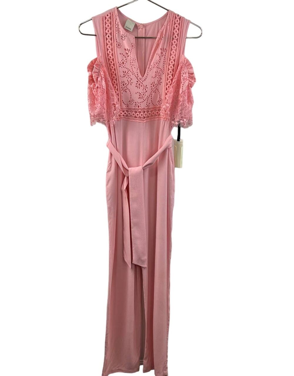 NWT Pinko Pink Short Lace Sleeve Cold Shoulder V-Neck Tie Waist Jumpsuit Sz 8